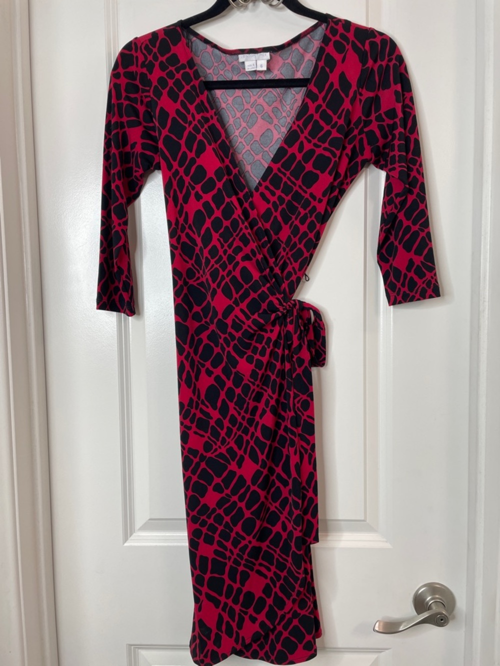 London Times Red and Black Wrap-Style Midi Dress